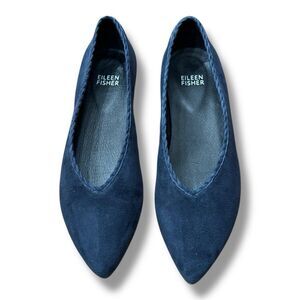 Eileen Fisher Posy Ballet Flats Suede Navy Pointed Toe Scalloped Women’s Size 5